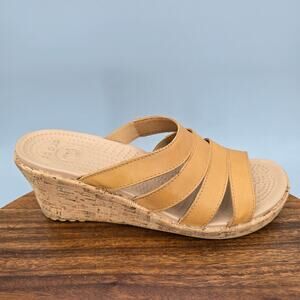 Crocs Sandals Womens 9 Tan Brown Leather A Leigh Open Toe Slip On Wedge Slides